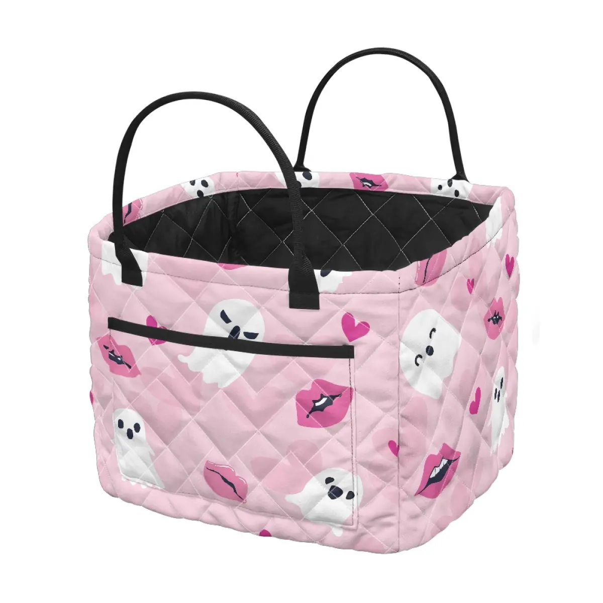 Cute Pink Halloween Quilted Storage Organizer Basket, Spooky Ghost  Heart Print Fabric Storage Bin, Multi‑Purpose Collapsible Tote for Clothes, Toys, Bedroom Halloween Home Decor