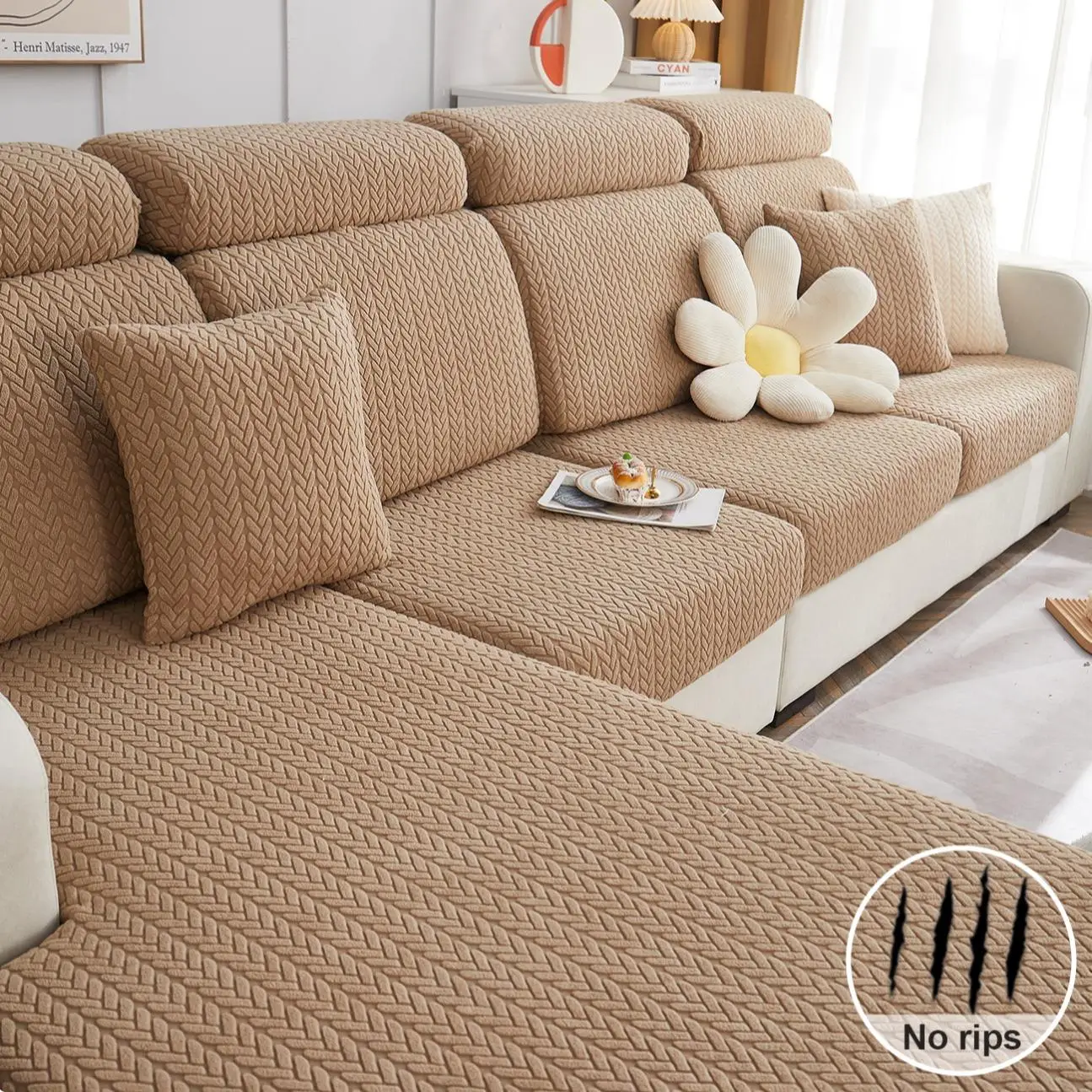 Solid Color Jacquard Sofa Cover, 1 Count All Inclusive Anti-cat Scratching Sofa Slipcover, Sofa Protector for Home Living Room