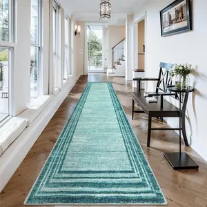 Abstract Runner Rug,Teal 2.5x12 Hallway Runners Rug Washable Non-Slip Long Kitchen Rugs Runner,Low-Pile Soft Runner Rugs for Hallway 12 ft Minimalist Solid Indoor Carpet Runner for Entryway