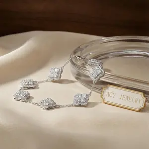 18K Gold Plated Four Leaf Clover Tennis Bracelet - Synthetic Moissanite Luxury Jewelry Gift for Women, Perfect for Engagement, Birthdays, and Special Occasions