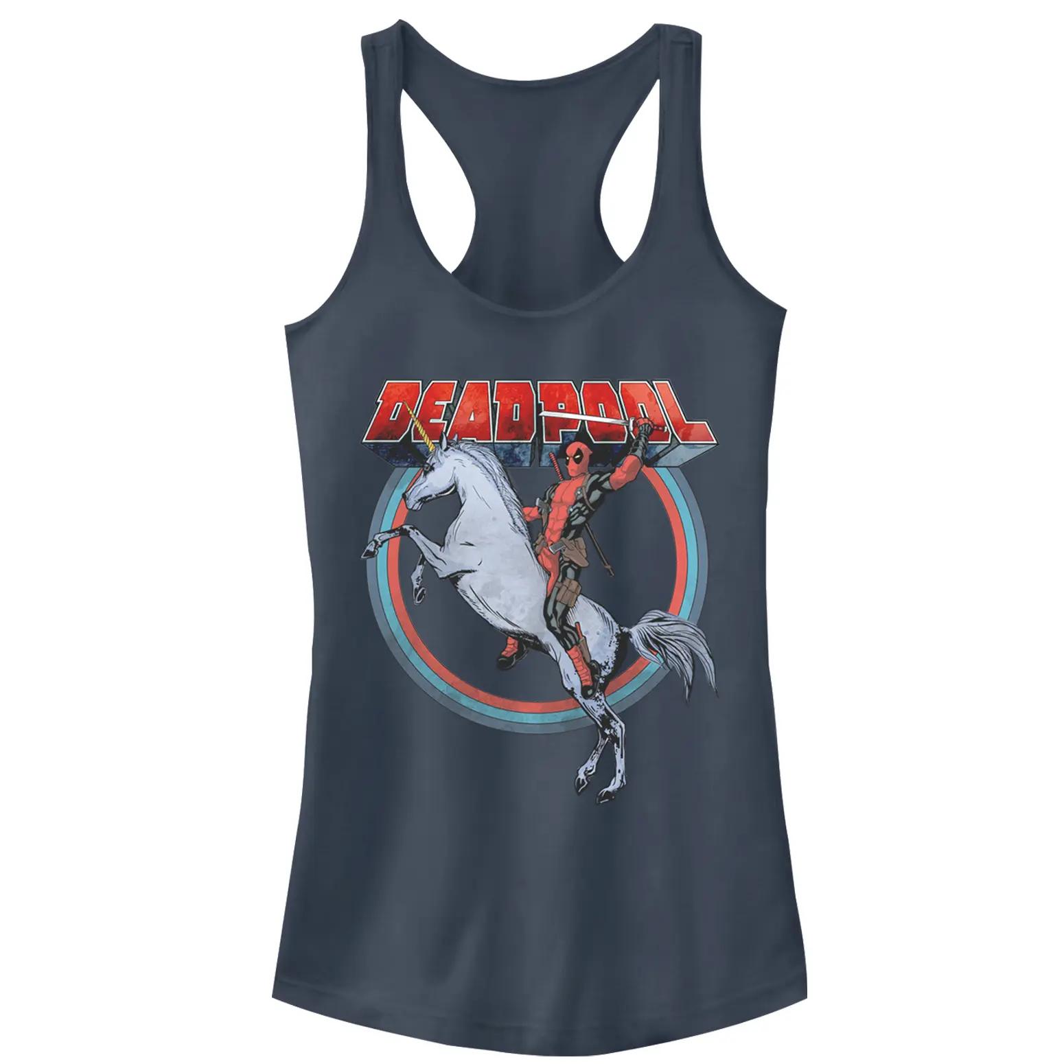 Juniors Womens Marvel Deadpool Rides Unicorn Racerback Tank Top