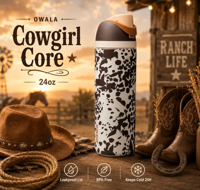 Owala Cowgirl Core 24oz FreeSip Water Bottle Western Cow Print Insulated Stainless Steel Leakproof Bottle