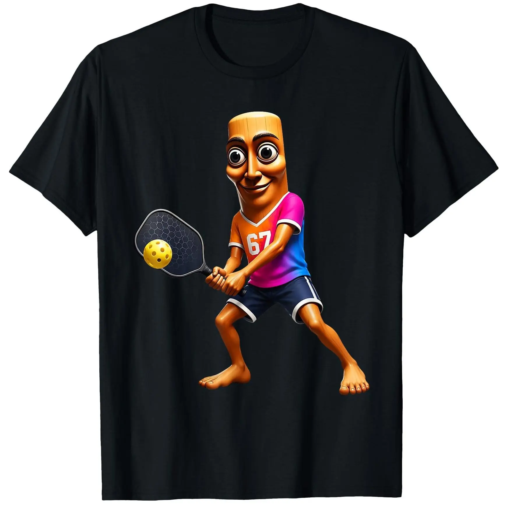 100% Cotton Oversized Relaxed Fit Loose Short-Sleeve Black Crew Neck Graphic Tee - Wooden Mascot Pickleball Sport Print, Outdoor Sports Leisure Outfit, Shortsleeve, Breathable