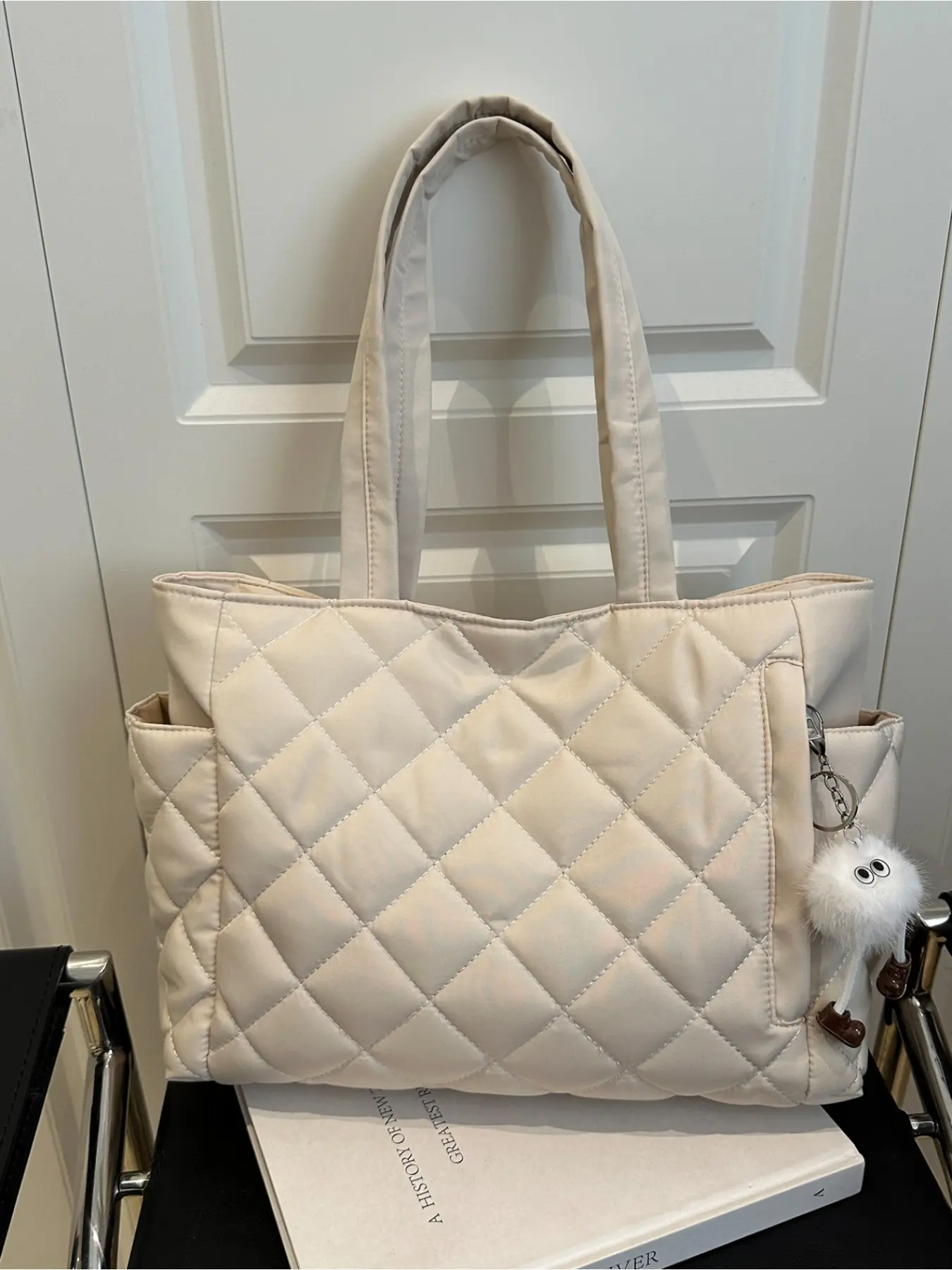 Cream White Quilted Puffy Tote Bag with Cute Pendant Puffer Tote Bag Large Capacity Daily Commuter Bag for Women Students Versatile Shoulder Handbag Trendy Tote Bag Fashionable Tote Bag Chic Bag