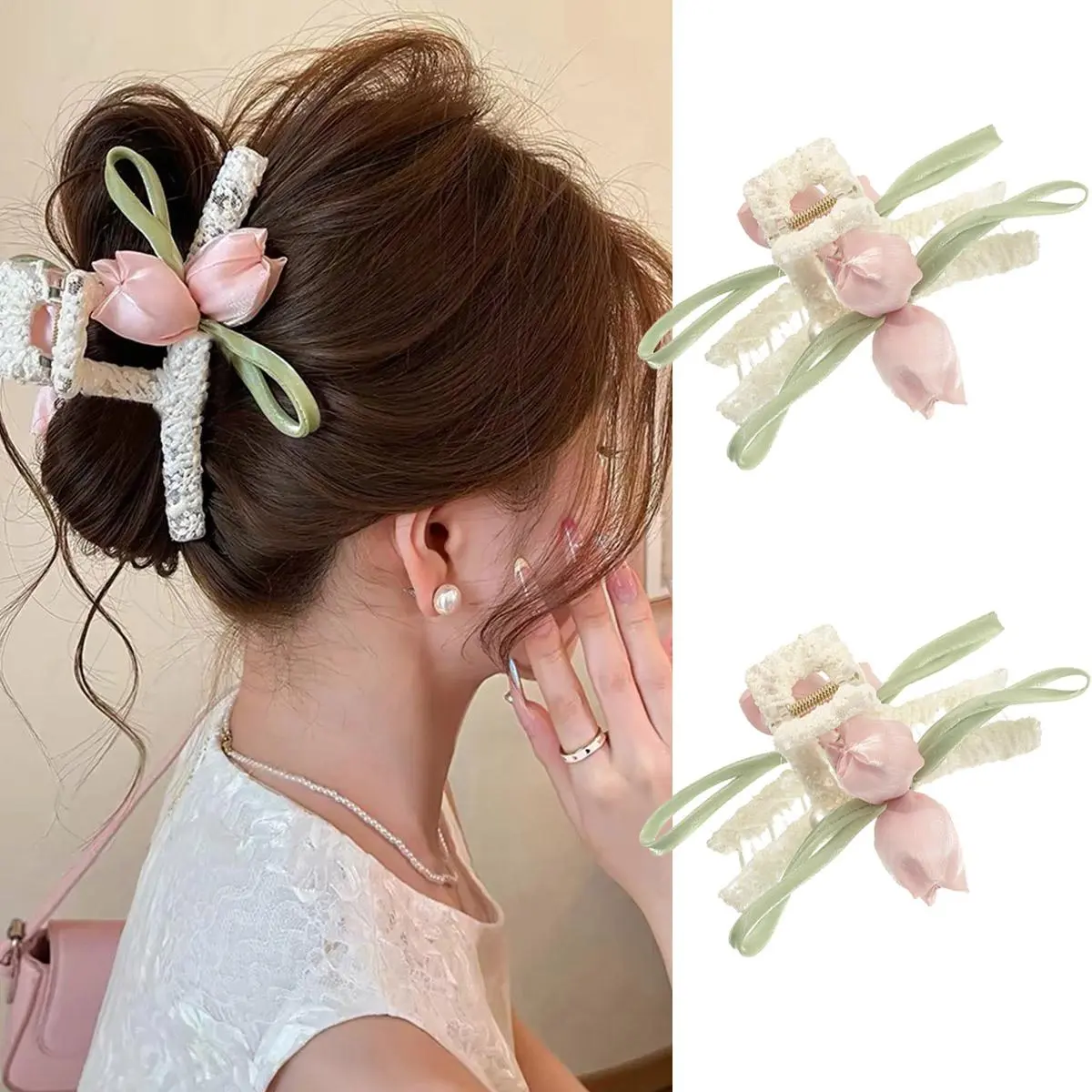 AWAYTR Tulip Flower Hair Claw Clip Cute Pink Floral Non-Slip Jaw Clips Strong Hold Large Claw Clips for Women Girls Elegant Hair Accessories for Thick/Thin Hair