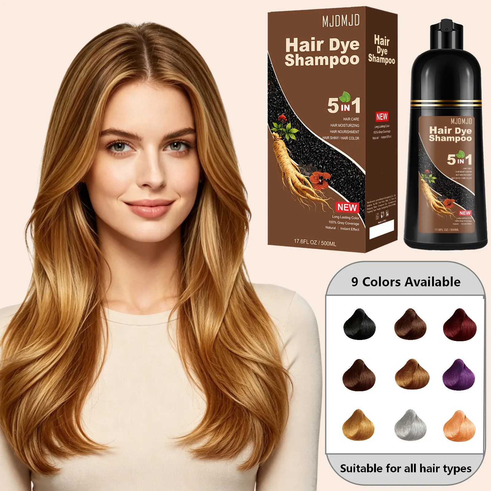 MJDMJD Blonde Brown 5 in 1 Hair Dye Shampoo - Natural Ingredients Can cover gray hairs, Contains Ginseng Extract, Natural Hair coloring, Plant Hair Care，500ml