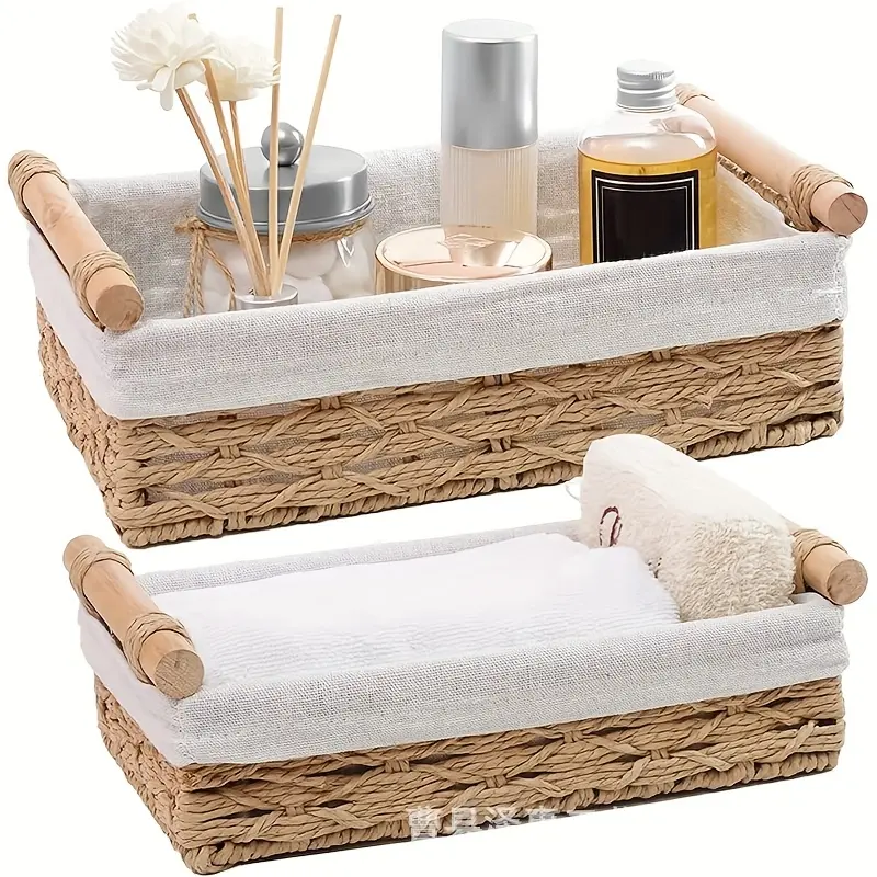 2-Piece Faux Wicker Basket Set - Rustic Small Bathroom Storage Containers with Liners. Toilet Paper Storage Baskets with Handles for Home and Spa Decoration