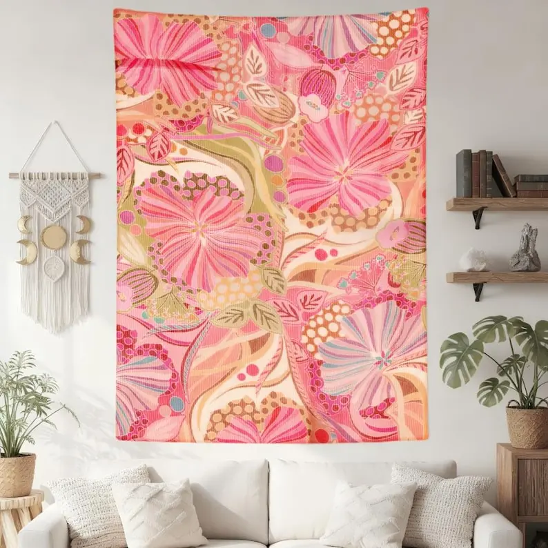 Pink Boho Pattern Tapestry, Ethnic Floral Wall Hanging, Aesthetic Room Decor, Retro Hippie Wall Art, Cozy Home Decor