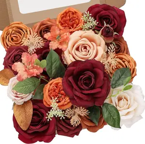 AUSOGO Artificial Fall Flowers Box Burgundy & Orange Silk Roses Hibiscus Dahlia for DIY Wedding Party Decorations Indoor Outdoor Use wedding flowers decor holiday