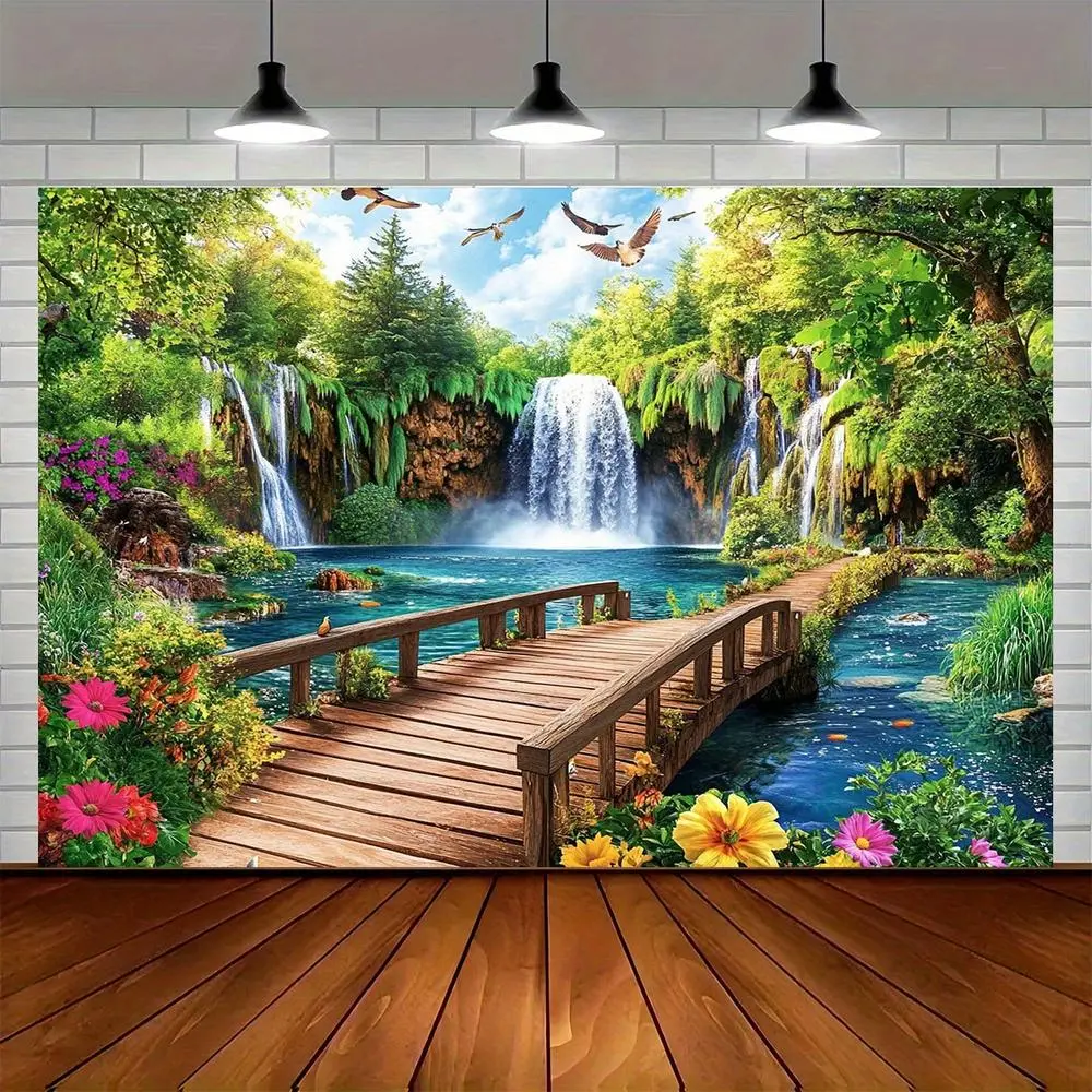 1pc 2D Flat Nature Scenery Backdrop Banner - Waterfall, Wooden Bridge, Verdant Forest Design, Vibrant Polyester Fabric, Wall Decor for Photo Shoots, Birthday Parties - No Electricity Needed, Easy to Hang