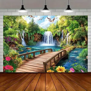 1pc 2D Flat Nature Scenery Backdrop - Waterfall, Wooden Bridge & Verdant Forest Design, Vibrant Polyester Fabric for Photo Shoots, Parties, Home Decor - No Electricity Needed, Easy to Hang, N
