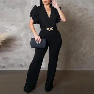 CHICME Women's Fitted Twist-Design Plain Deep V-Neck Jumpsuit - Short Flutter Sleeves, Metal O-Ring Decor, Flared Overalls, Sequin-Accent Leopard Style for Valentine's Day Wedding Guests,summervibes