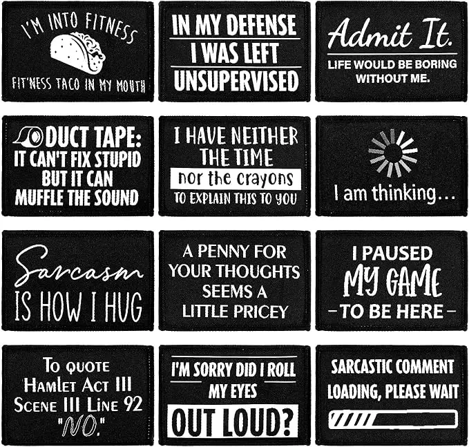24 Pcs Funny Sayings Patches Loop and Hook Set Sew on Hat Applique Badge Sticker Sarcasm Military Patches for Xmas Backpacks All Fabrics Jeans Vest Coat Bikers Rockers Hipsters(Black and White)