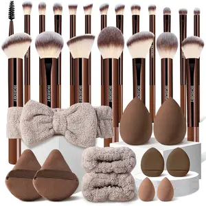 Complete Professional 31-Piece Brown Makeup Brush Kit, Features Versatile Face Brushes, Eye Brushes, Beauty Sponges, Makeup Puffs, Headband, And Wristbands, The Essential Tool Collection For Flawless Application And All Makeup Styles