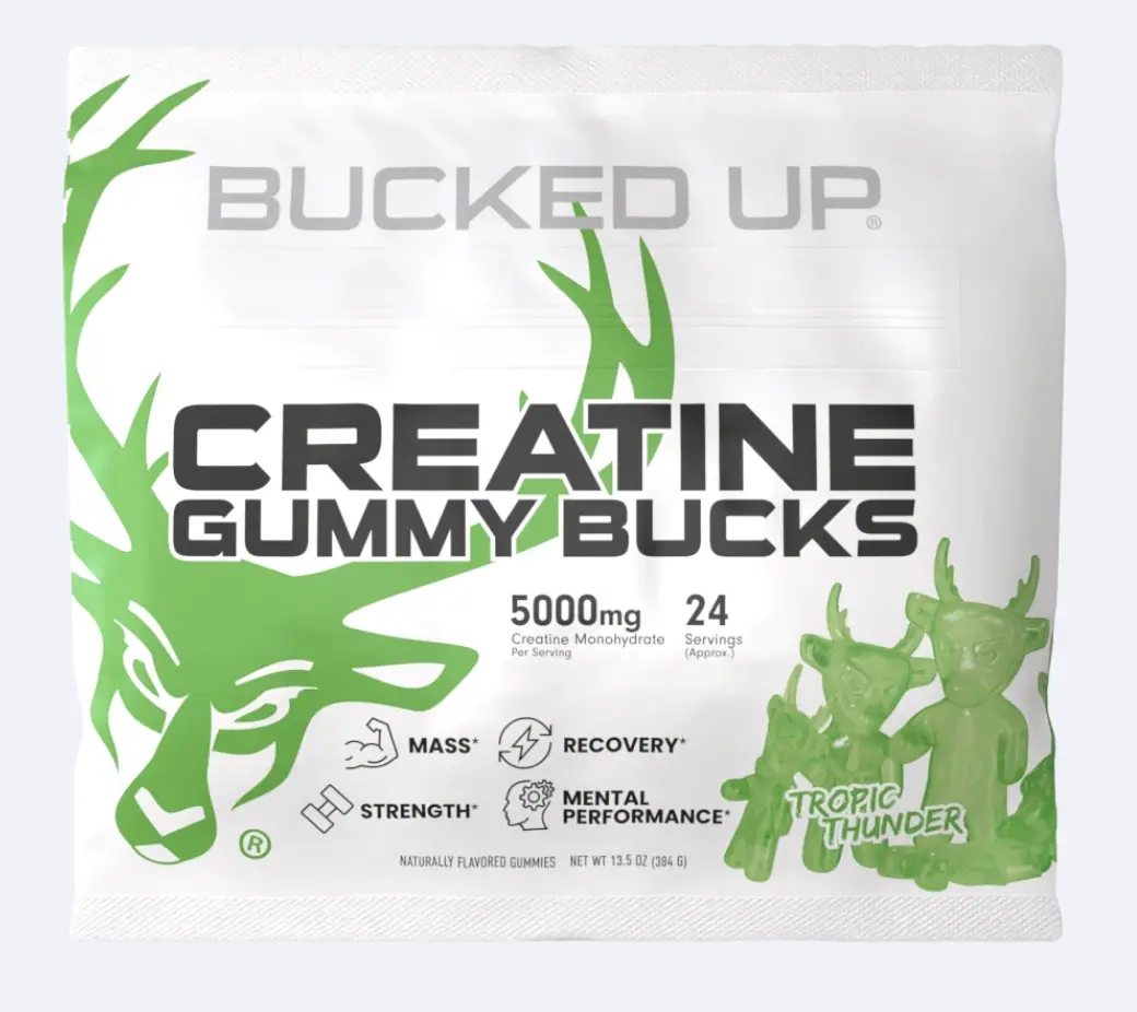 Bucked Up 5000mg High Potency Gluten-Free Chewable Muscle Supplement Gummies - Tropic Thunder, Raspberry Blitz, Melon Madness (Watermelon), Knockout Punch, Blue Blast Flavors, Women's Micronized Monohydrate Creatine, Strong, Easy to Consume, High Potency