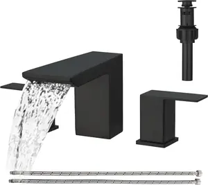 BESy Matte Black Bathroom Faucet 3 Holes Two Handles Vanity Widespread 8 Inch Bathroom Sink Faucet, Waterfall Bathroom Sink Faucet with cUPC Supply Hoses, Pop Up Drain, Stainless Steel