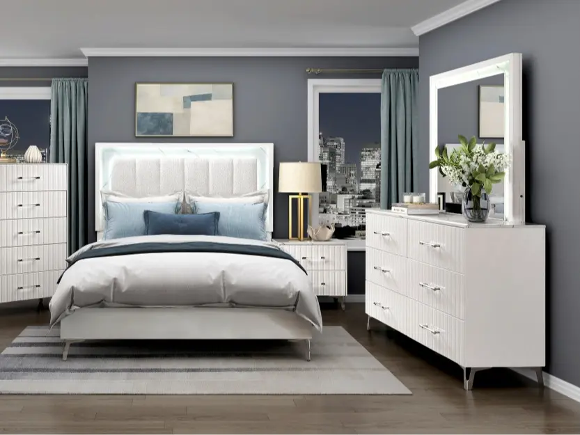 Homelegance Modern Queen Bedroom Set - 4PC Wood Indoor Furniture Set with Ripple White Finish, LED Lights, Faux Marble Accents, Nightstand, Assembly Required (Bed:63.5"x83"x57.5"h, Dresser:61.5"x19.5"x35.5"h, Mirror:43.5"x3"x38.5"h)