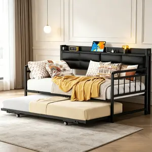 Twin Size Daybed with Trundle, Twin Daybed Bed Frame with Upholstered Headboard and Charging Station, Metal Twin Sofa Bed Frame Pop-up Trundle Bed for Bedroom and Guest Room