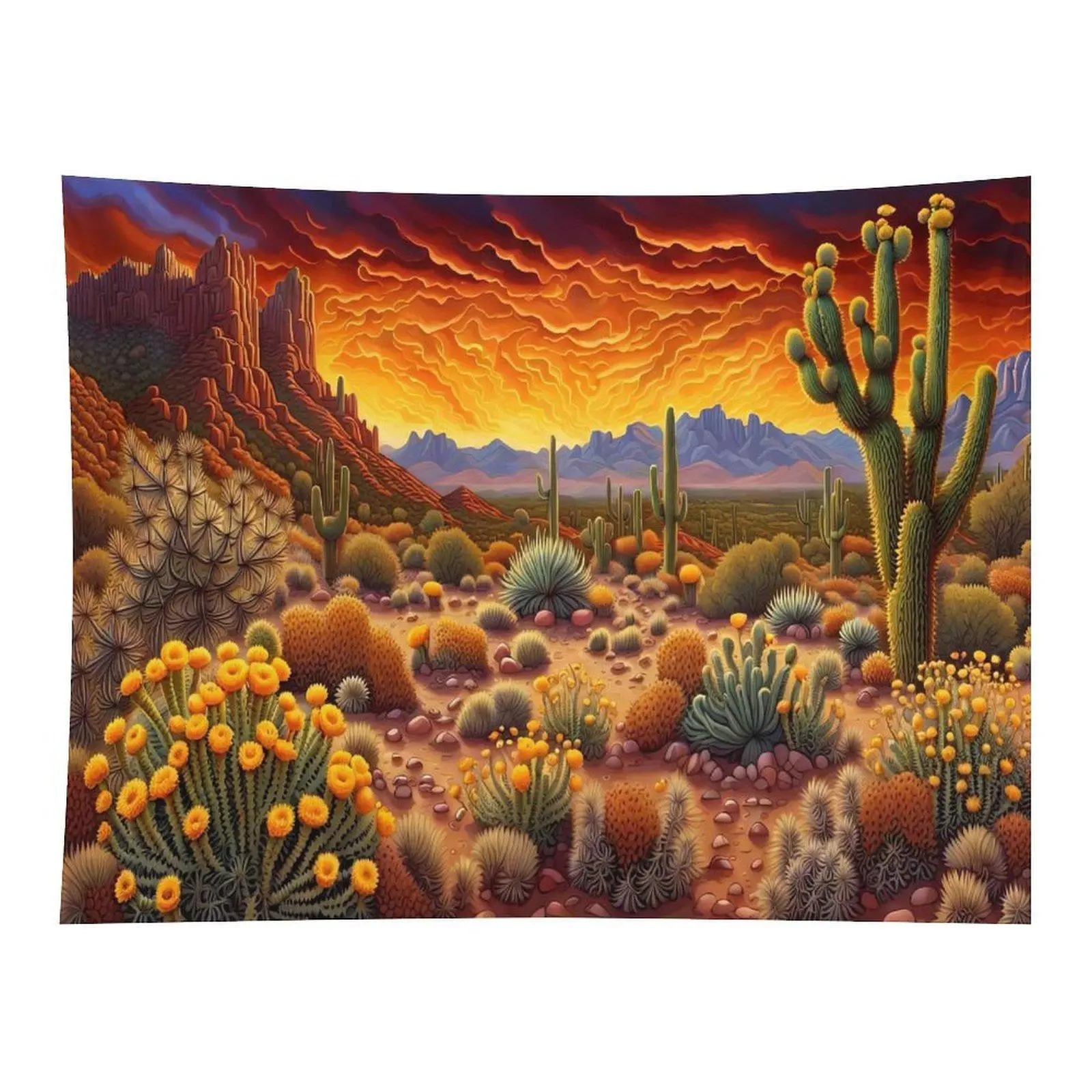 Southwest Desert Saguaro Cactus Orange Sunset Wildflower Canyon Wall Tapestry Wall Hanging, Western Boho Arizona Desert Landscape Decor for Farmhouse Living Room Backdrop
