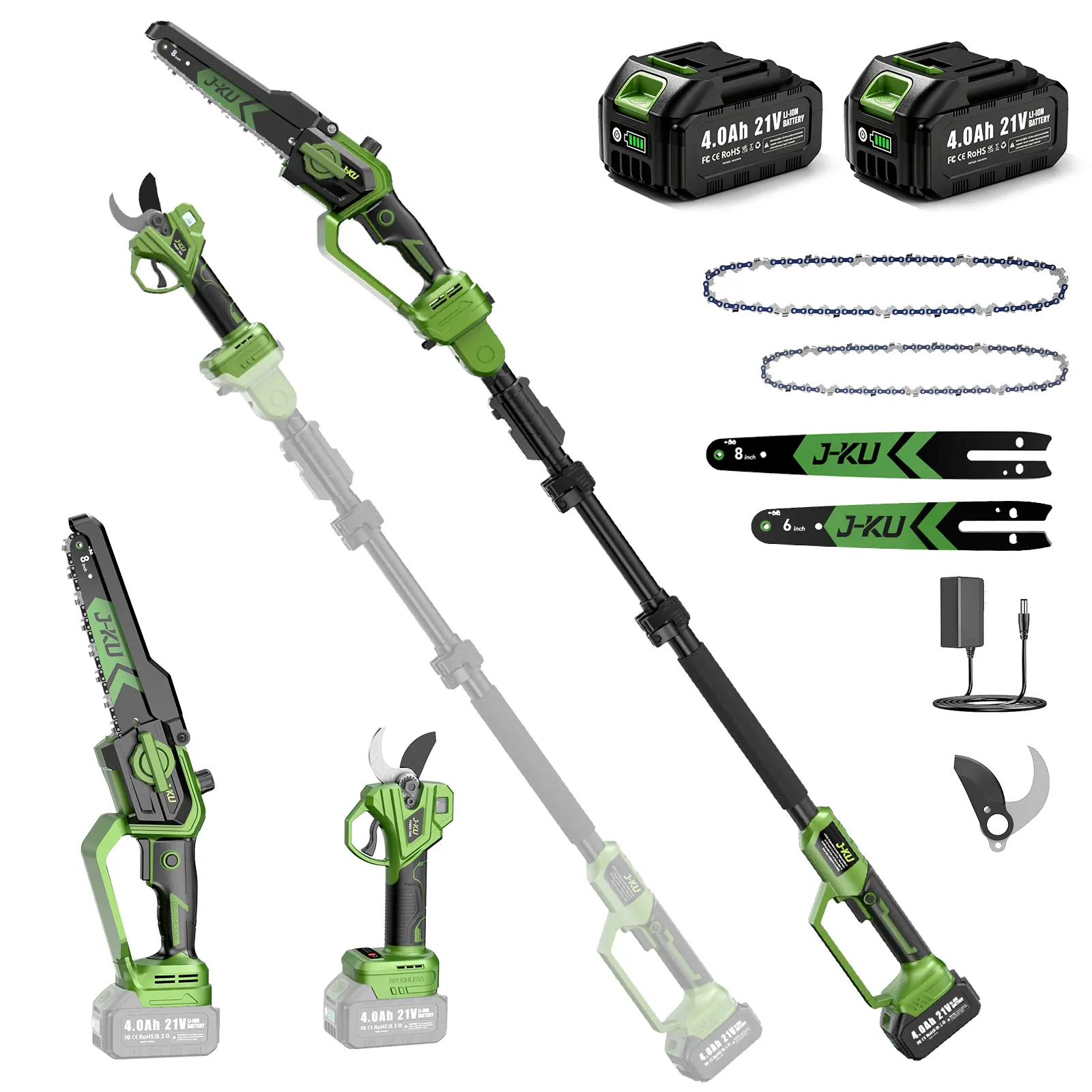 J-KU 4-in-1 Cordless Pole Saw & Pruning Shears Kit, with 2×4.0Ah Batteries, 8.5ft Adjustable Extension Pole, 1.4" Cutting Capacity for Tree Trimming, Pruning & Branch Cutting