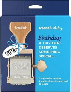 Trodat Homemade Birthday Stamp for Birthday Presents, Wrapping Paper, Cards – Stamp Set with 6 Messages, 3-Color pad with Black, Green, red, 16 self-Adhesive Labels