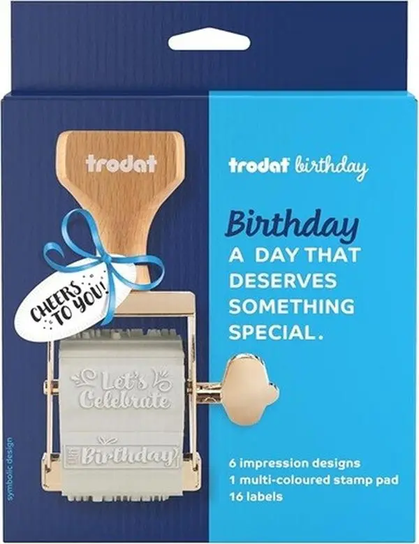 Trodat Homemade Birthday Stamp for Birthday Presents, Wrapping Paper, Cards – Stamp Set with 6 Messages, 3-Color pad with Black, Green, red, 16 self-Adhesive Labels