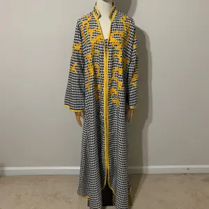 Houndstooth / Keffiyeh-Like Pattern with Yellow Embroidery Abaya Dress