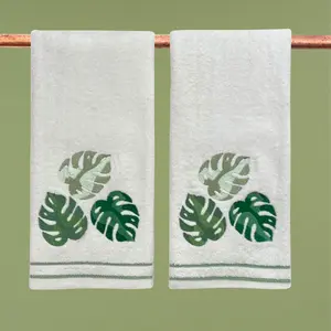 Tropical Bathroom Hand Towels- Set of 2 100% Cotton White Embroidered Palm Leaves Design- 16 x 25 Bath & Kitchen Decor