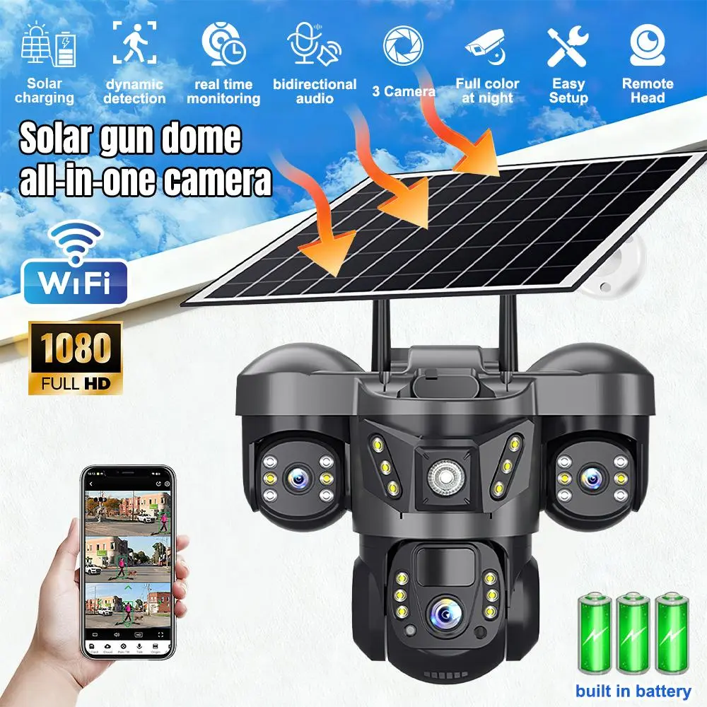 【SummerVibes】Solar Security Camera Outdoor 6MP, Triple Lens WiFi PTZ Camera, PIR Human Detection, Color Night Vision, Two-Way Audio, IP66 Waterproof,for Valentine’s Day Gift