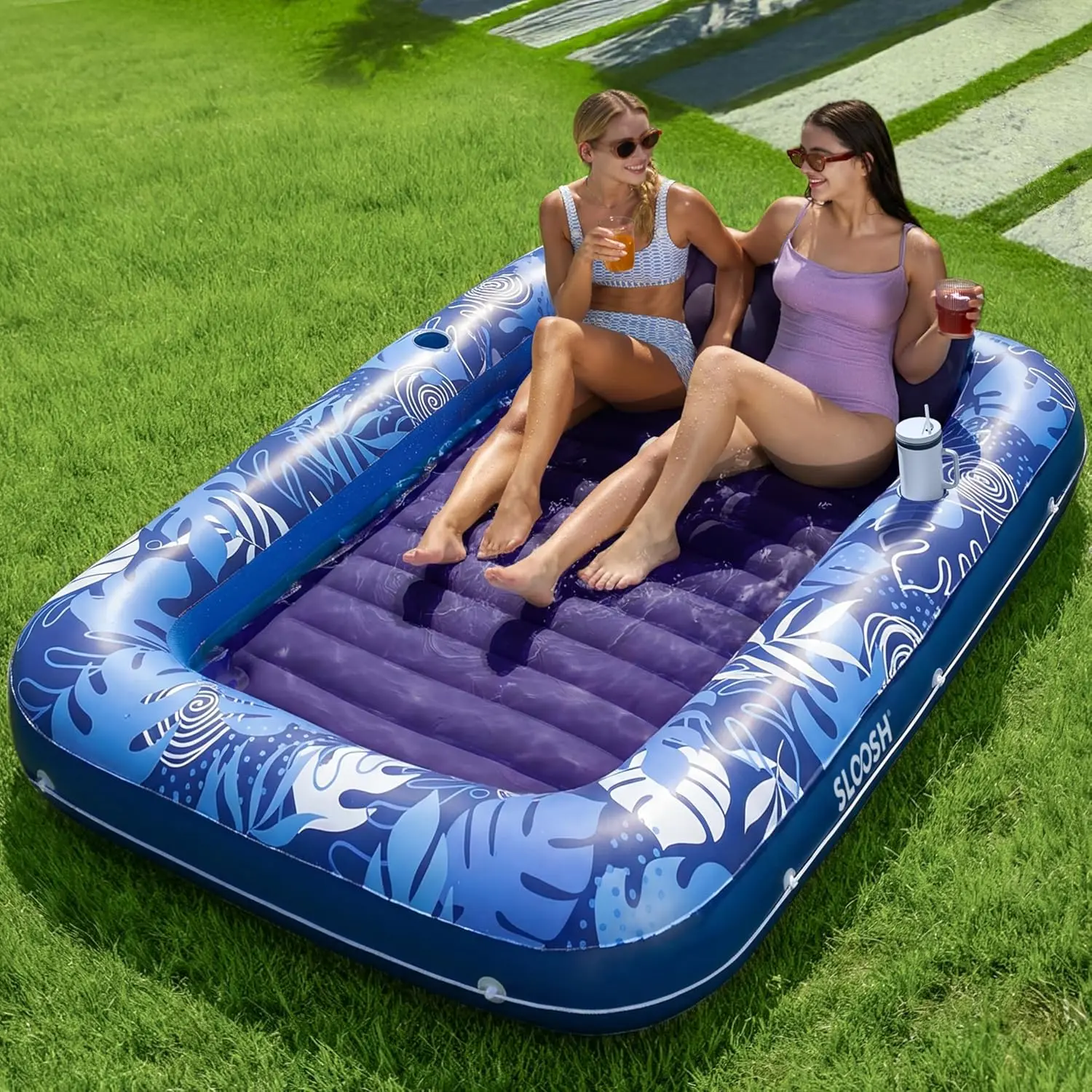 Extra Large Size 85"x57" Inflatable Tanning Pool Lounger Float with Pillow, 4-in-1 Adult Float Tube, Dark Blue Sunbathing Water Bed