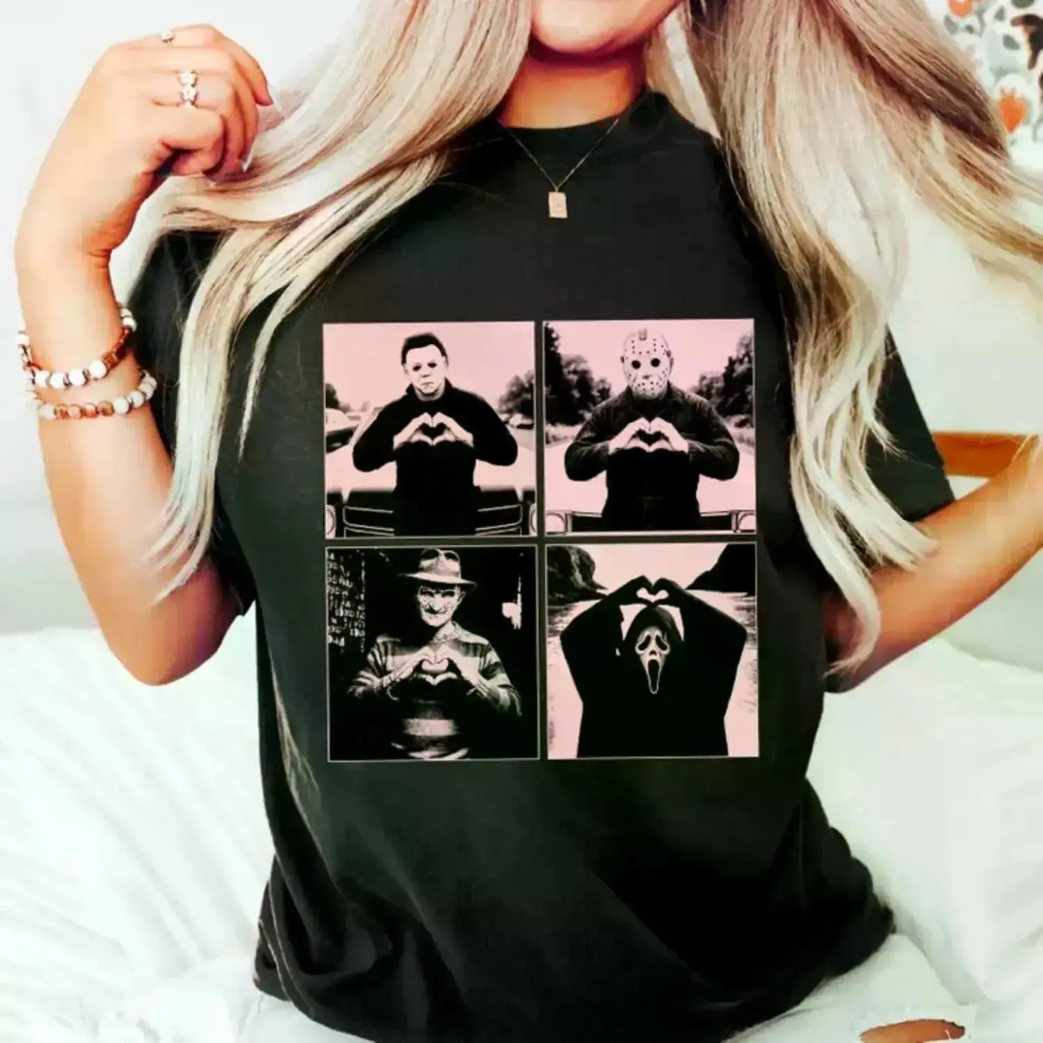 Men's Classic Cotton Distressed Vintage Washed Horror Movie Killers Graphic T-Shirt - Michael Myers, Jason Voorhees, Freddy Krueger, Ghostface Heart Hands Design - Casual Halloween Tee for Fans, Matches Jeans, Baseball Cap, Cargo Pants, Aesthetic