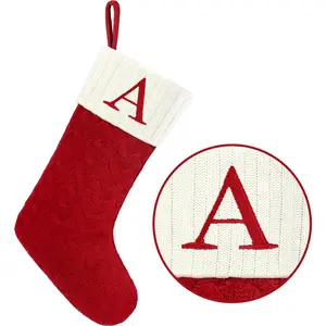 20 Inches Large Knit Embroidered Letter Red White Christmas Stockings with Initials, Monogram for Family Holiday Xmas Tree Fireplace (Letter A)