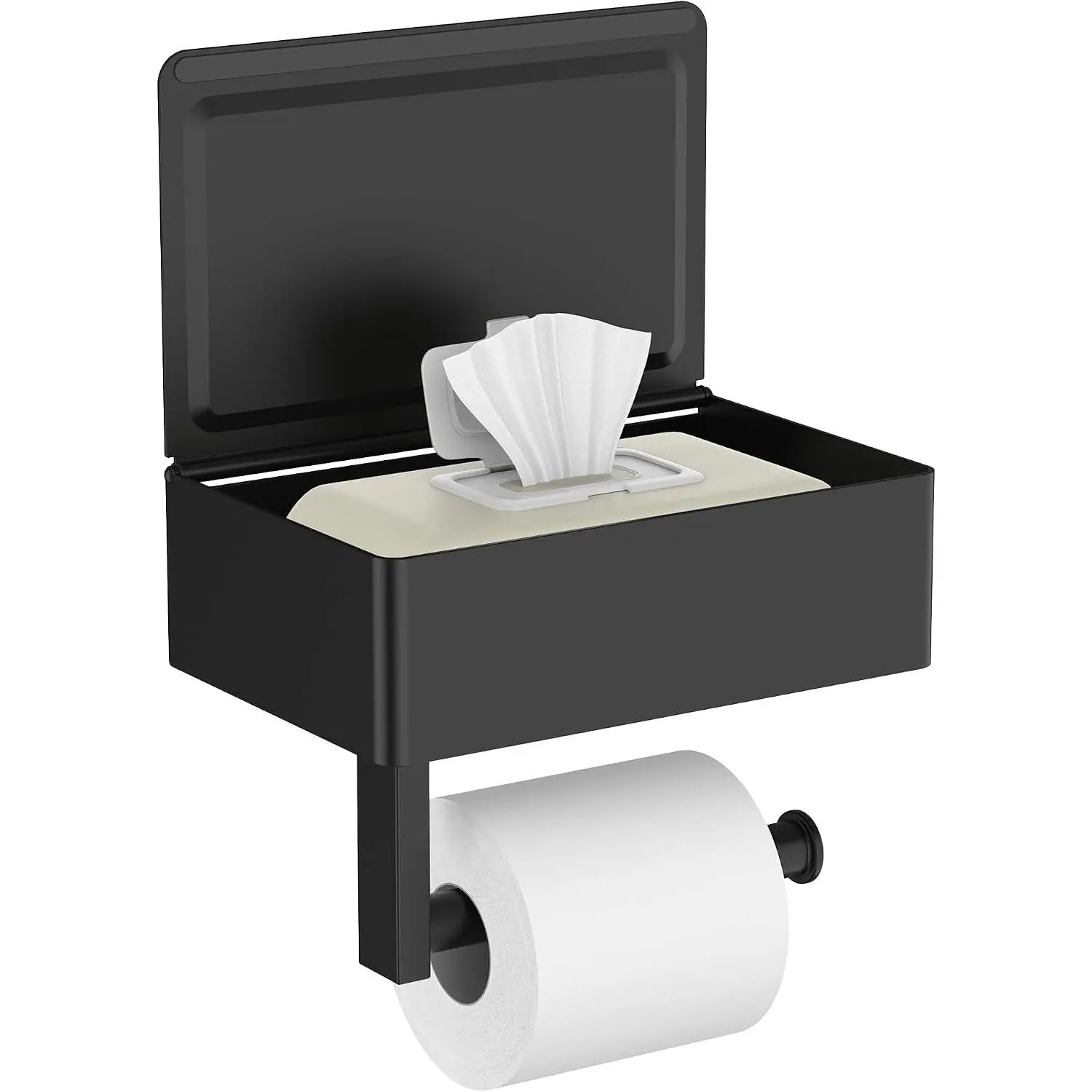 Wall Mount Toilet Paper Holder with Shelf Storage Sanitary Napkin Tampon Flushable Wipes Dispenser for Bathroom Commercial 1 Pack Matte Black