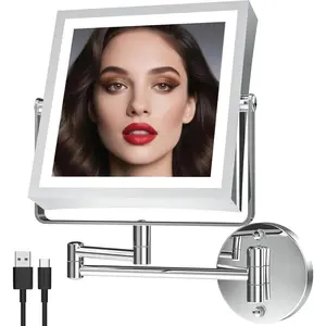 Rechargeable Wall Mounted Makeup Mirror with Lights, 4000mAh Double Sided 1X/10X Magnifying Vanity Mirror with 3 Color Lights, Touch Dimmable, 360? Extension Foldable Arm (Chrome)