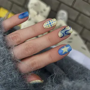 24pcs Summer Square Nail Tips, Short Simple Blue Polka Dot False Nails, Nail Art DIY, Nail Art Tools, Includes Jelly Glue & File, Easy Application, Perfect for Daily Use
