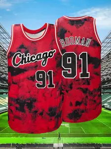 Me's Fashion Tie Dye Basketball Jersey, Chicago #91 Embroidered Round Neck Vest,Embroidery Jersey,Loose Fit Breathable Comfortable Tank Top,Perfect for Training and Competition,Outdoor Sports,Unisex All Season Wear
