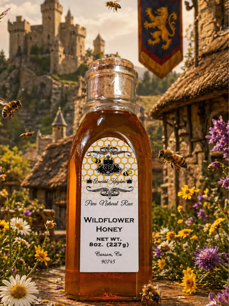 The Armored Kingdom Premium 8oz Wildflower Raw Honey Glass Bottle Sweetener - Organic, Natural, Refined Sugar-Free, Seasonal Flavor, Antioxidant-Rich, Supports Heart & Immune Health, Bee-Friendly, Ideal for Cupboard Storage, Suitable for All Ages