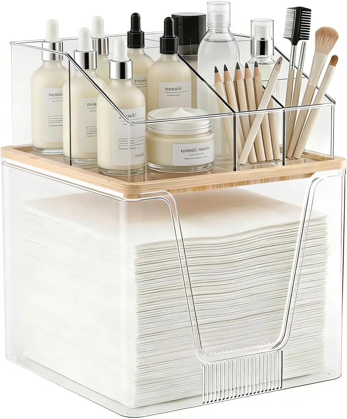 2 in 1 Disposable Facial Towel Holder and Cosmetic Organizer, Clear Storage with Bamboo Lid Compatible with Clean Skin Club Towel XL, Stackable Vanity Organizer for Bathroom Vanity Counter
