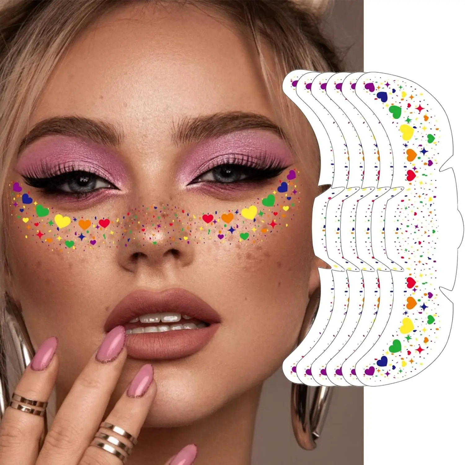 6-Pack Face Tattoo Sparkle Heart Freckles Makeup Patches for Face Rave Accessories (Pride-Rainbow)