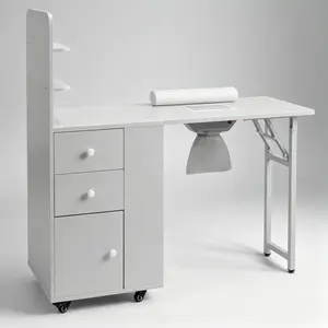Mdf Folding Nail Desk With 2 Drawers, Cabinet Door And Storage Shelf, Portable Manicure Table For Nail Tech And Home Use