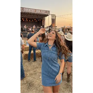 Denim Rhinestone Striped Detailed Collared Dress