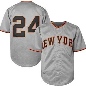Men's New York #24 Baseball Jersey Breathable Short Sleeve Stitched T-Shirt in Gray with Orange Accents Sizes S-3XL