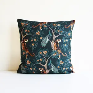 Emerald Green Tiger & Peacock Throw Pillow Cover - Tropical Jungle Cushion, Exotic Animal Home Accent