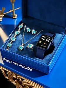 Blue LED Electronic Jewelry Fashion Watch Set with Heart Pattern, Analog-Digital Display, Buckle Closure, Perfect Gift for All Seasons