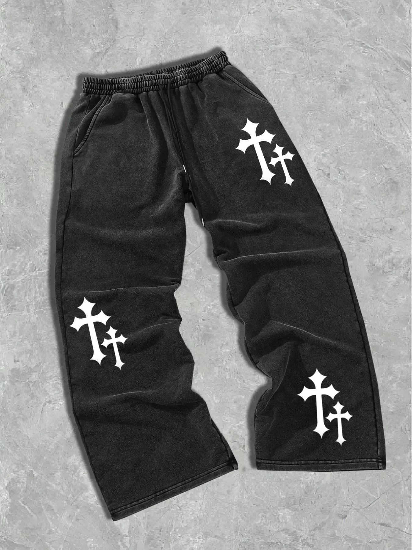 Men's Trendy Distressed Sweatpants, Cross Element, Metal Drawstring Detail, Dark Street Style, Casual Party Wear, Fashionable