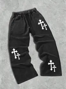 Men's Trendy Distressed Sweatpants, Cross Element, Metal Drawstring Detail, Dark Street Style, Casual Party Wear, Fashionable
