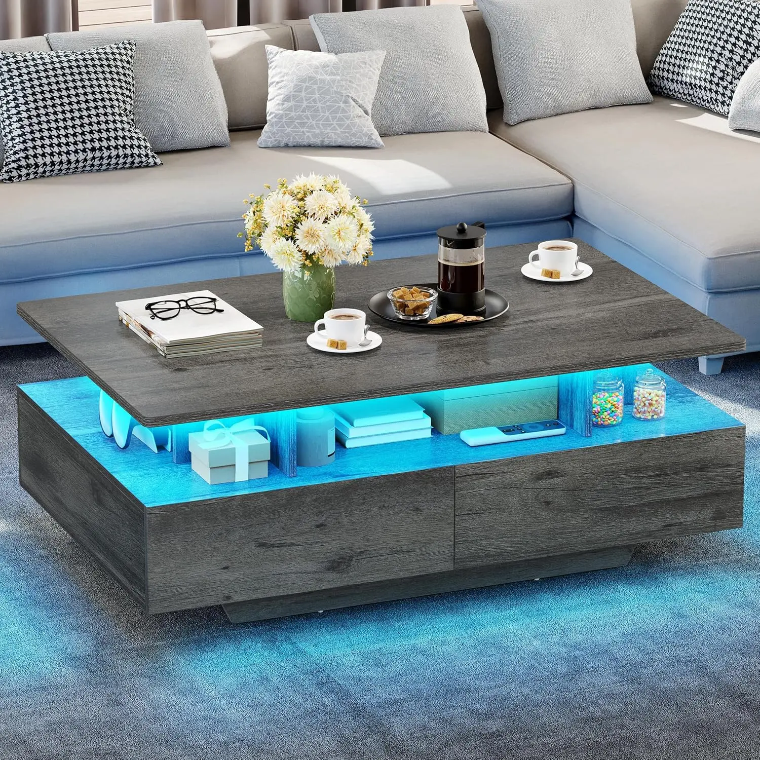 Yitahome LED Coffee Tables for Living Room, Farmhouse Coffee Table with Storage 4 Drawers and Open Compartment, Modern Rectangle Coffee Tables Small Wood Tables for Home Decor, Office