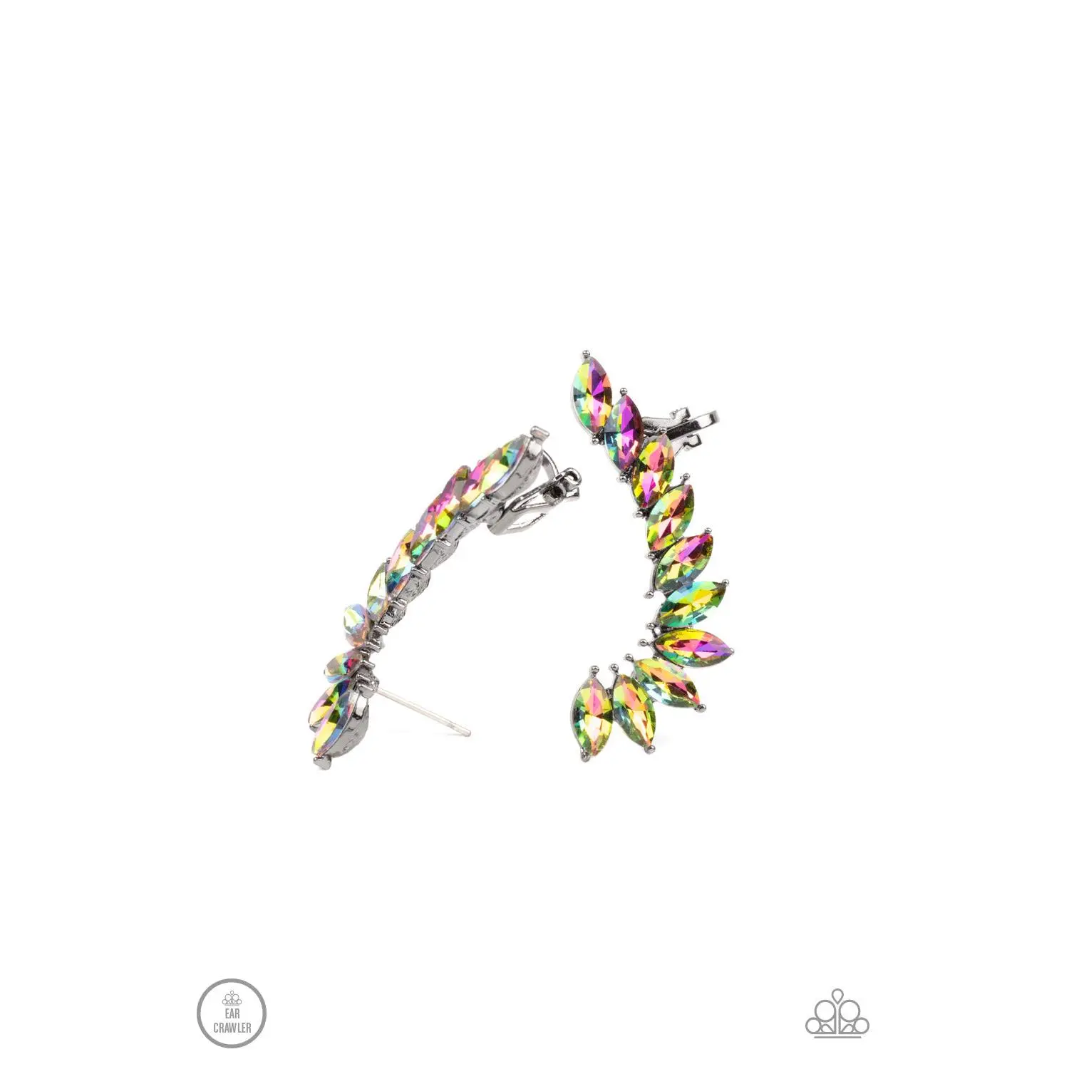 Stargazer Glamour Fashion Ear Crawlers, Marquise Oil Spill Stacked Stones Multi Ear Crawler Jewelry for Party, D005, Marquise Curve, Unisex, Clip Earrings, Rhinestones, Clip-On Fitting, One Size