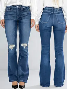 Women's Vintage Washed Ripped Jeans, European Style Flared Straight Leg Pants, American Fashion, Daily Wear Preferred