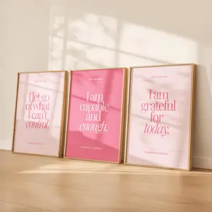 Pink Daily Affirmation Wall Art Set of 3 | Positive Quote Prints | Self Love Motivation Posters | Feminine Minimalist Home Decor